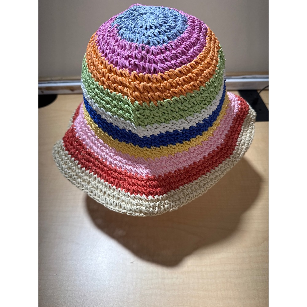 Rainbow Striped Crochet Bucket Hat Multi Color Summer Straw Sun Hat Boho